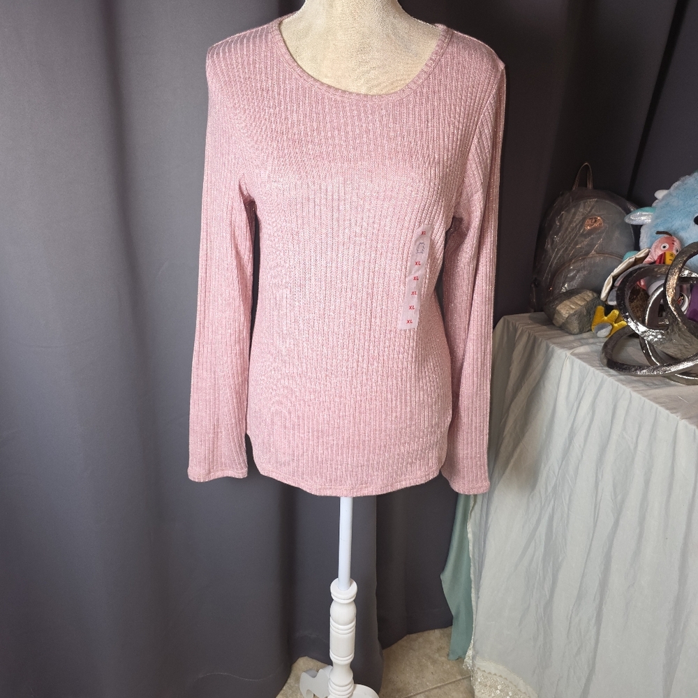 Old Navy Ribbed Metallic Knit Top XL Pink Long Sleeve NWT Sparkle Stretch Holida